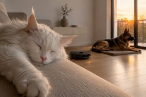 Gato Maine Coon descansando junto a un perro pastor alemán mientras un robot doméstico trabaja silenciosamente en un piso pequeño