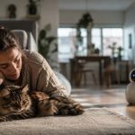 Robot doméstico conviviendo con una persona y un gato en un piso pequeño