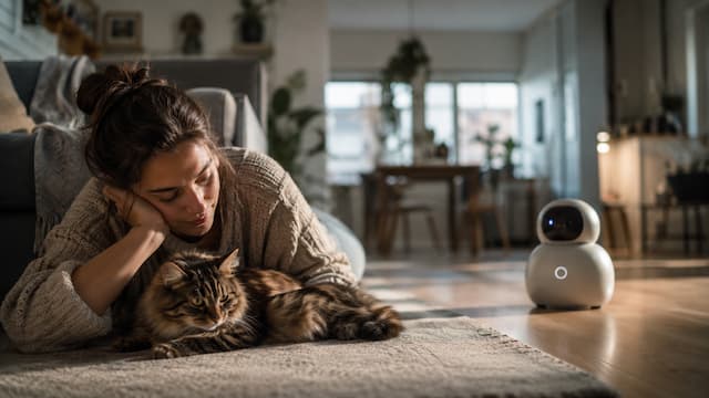Robot doméstico conviviendo con una persona y un gato en un piso pequeño