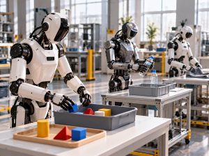 Robots humanoides entrenando tareas físicas en un centro de IA de China