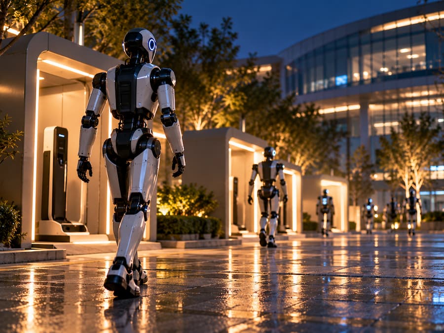 Robots humanoides regresando de forma autónoma a sus estaciones de recarga