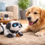 Perro interactuando con un robot doméstico en el hogar