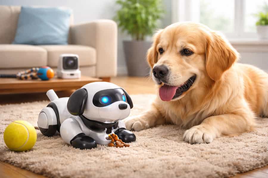 Perro interactuando con un robot doméstico en el hogar