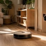 Robot doméstico silencioso conviviendo con un gato siamés y un gato europeo en un piso pequeño