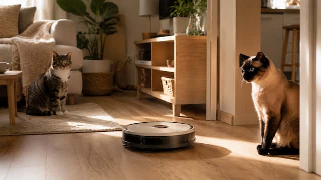 Robot doméstico silencioso conviviendo con un gato siamés y un gato europeo en un piso pequeño