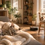 Gatos descansando tranquilamente mientras un robot doméstico realiza su recorrido habitual en casa