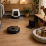 gato y perro conviviendo en sus zonas de descanso con robot aspirador en ubicacion ideal para mejorar el descanso