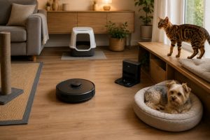 gato y perro conviviendo en sus zonas de descanso con robot aspirador en ubicacion ideal para mejorar el descanso