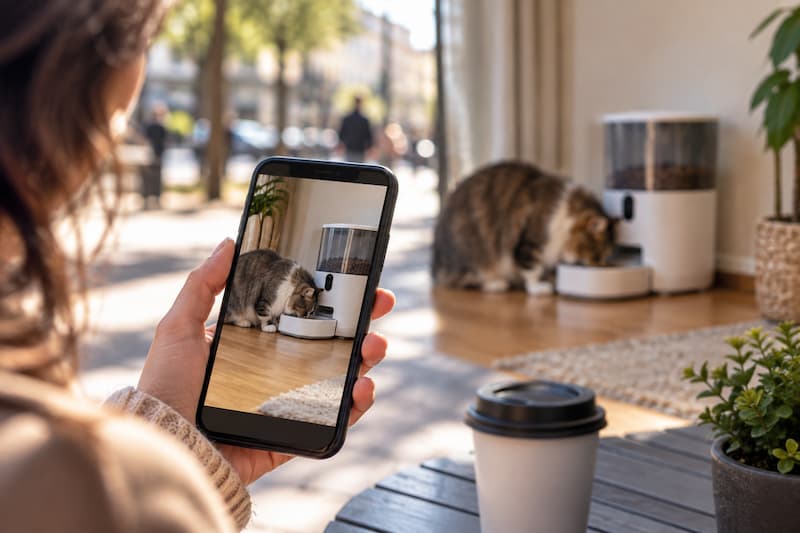 Persona comprobando desde el móvil cómo su gato utiliza un comedero automático